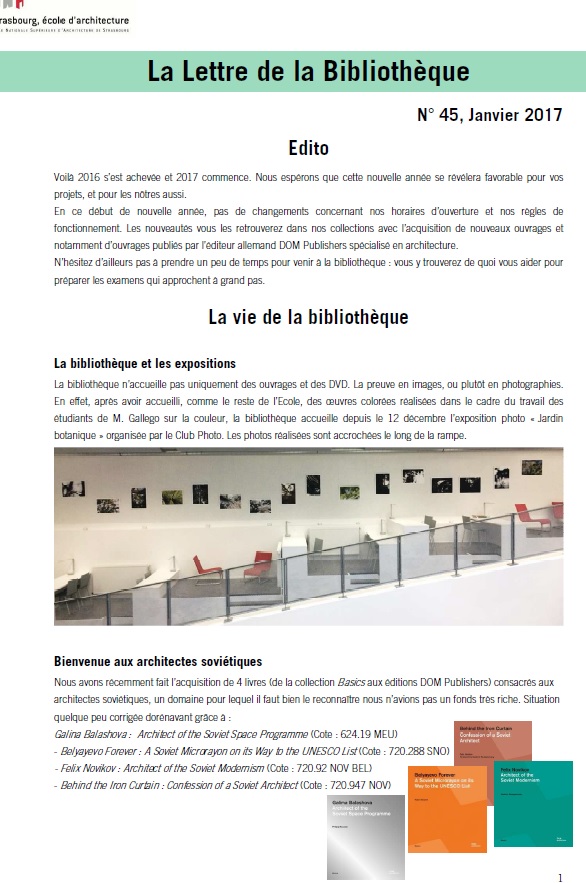 Lettre de la bibliothèque de l'ENSAS n° 45, Janvier 2017